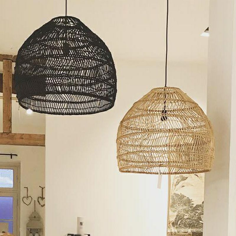Domed Bedroom Ceiling Pendant Lamp Rattan 1-Head Rustic Suspension Light Fixture