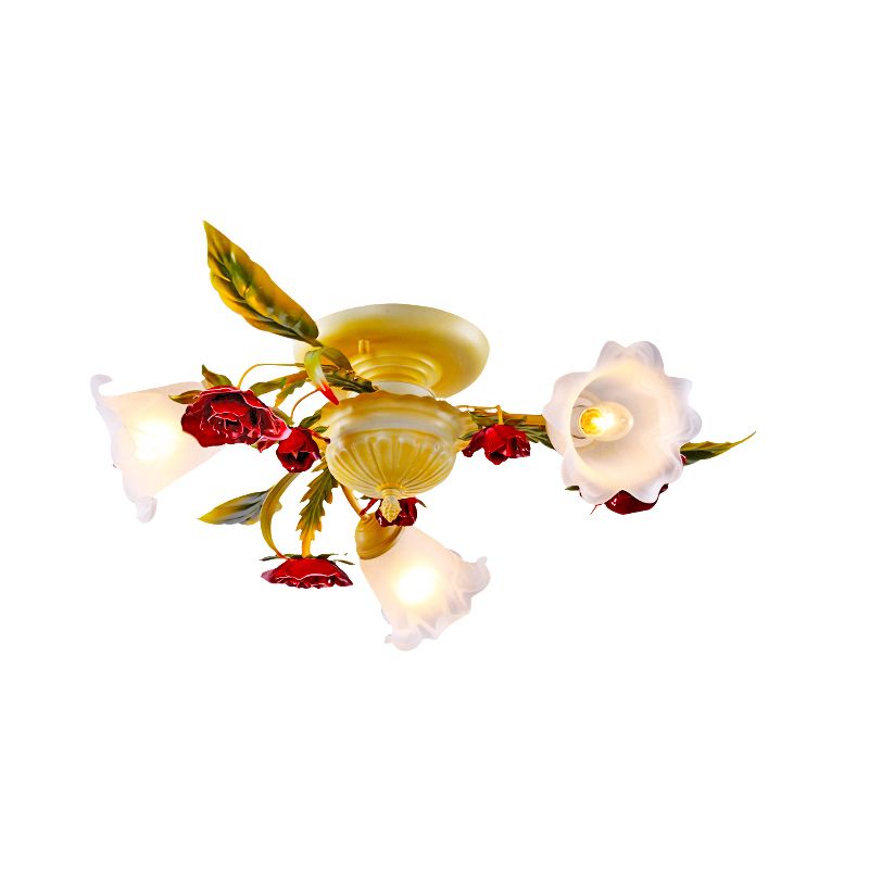 Coffee Spiral Semi Flush Mount Country Metal 3/5/8 Bulbs Living Room Close to Ceiling Lamp with Rose Decoration