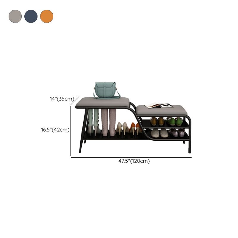 14 Inch Wide Modern Entryway Bench Cushioned Rectangle Metal Seating Bench with Shelves