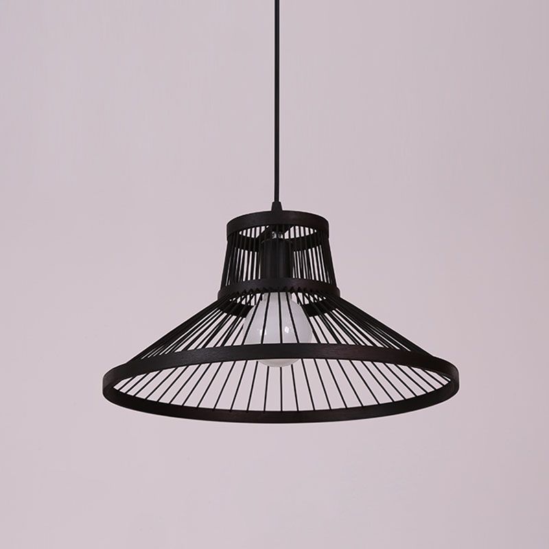 Bamboo Cage Style Pendant Lighting Chinese 1-Light Black Ceiling Suspension Lamp