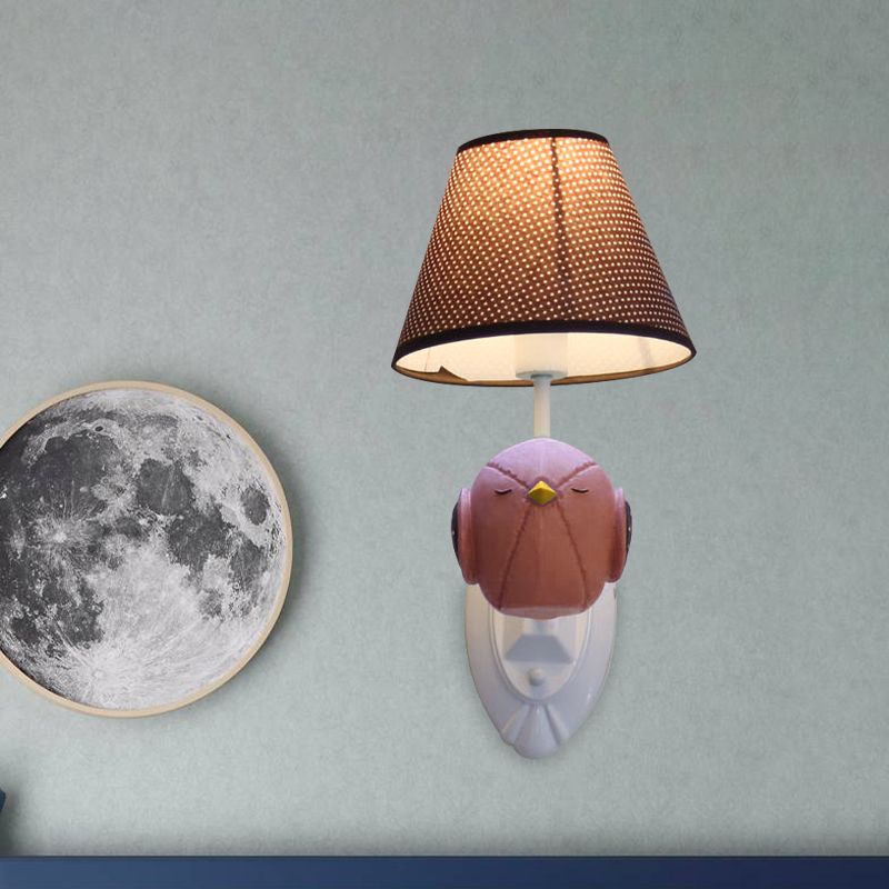 Pink/Blue Bird Wall Mount Light Cartoon 1 Head Resin Sconce Lamp Fixture with Cone Brown Fabric Shade