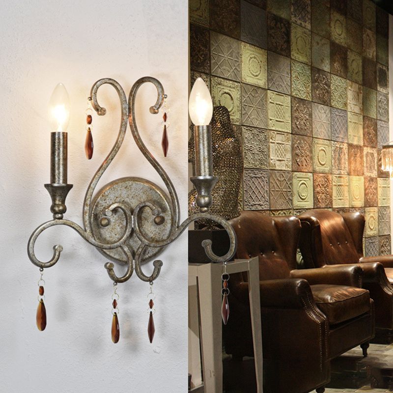 Metal Exposed Bulb Sconce Lighting Rustic 2 Lights Living Room Wall Mounted Lamp in Aged Silver