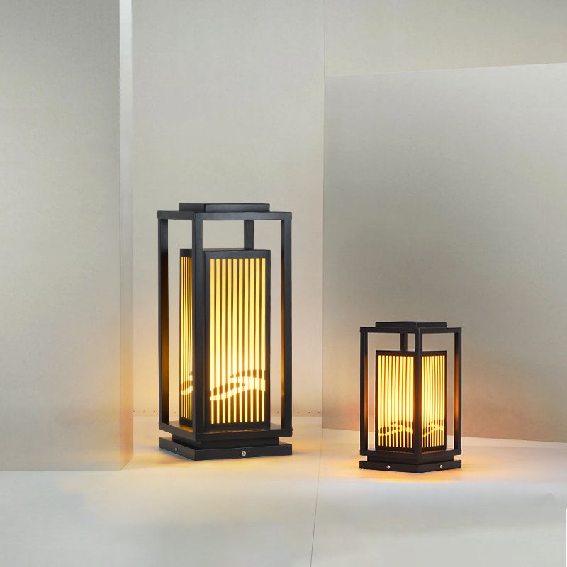 Rectangle Solar Pillar Lamp Contemporary Metal Outdoor Waterproof Light in Black