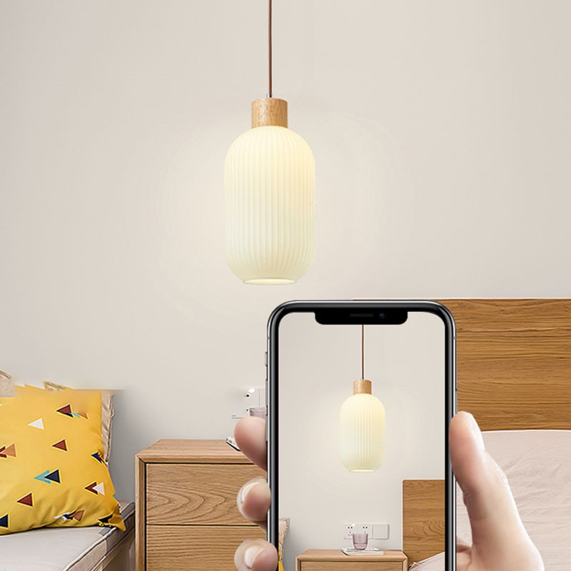 Lampe à suspension géométrique en bois léger créatif moderne avec une teinte en verre blanche