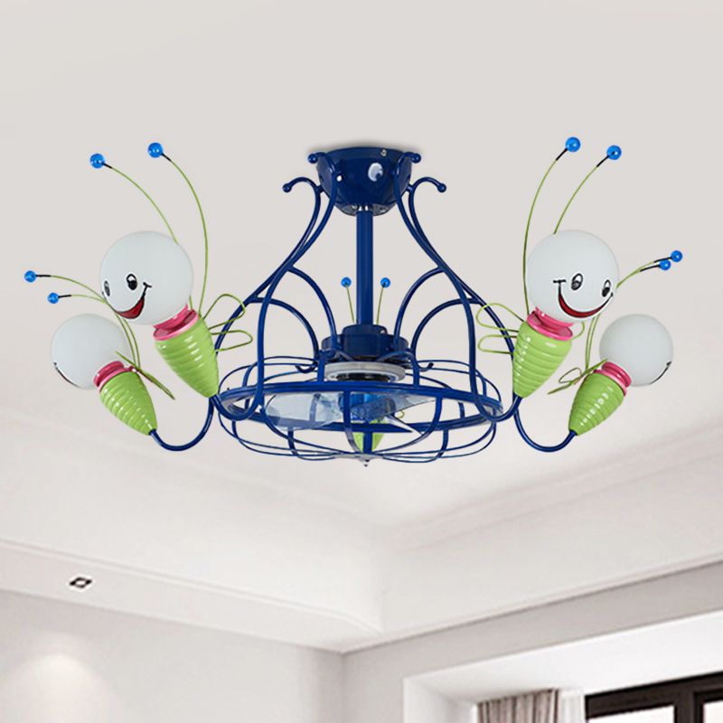 Moderne radiale hangende ventilator verlichtingsarmatuur 5 koppen Metallic 3 Blades Semi Flush Lamp in blauw voor slaapkamer, 30 "breed