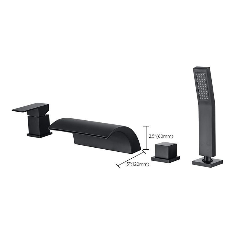 Modern Waterfall Tub Spout 2 Handles Deck Mount Roman Tub Faucet in Black and Chrome
