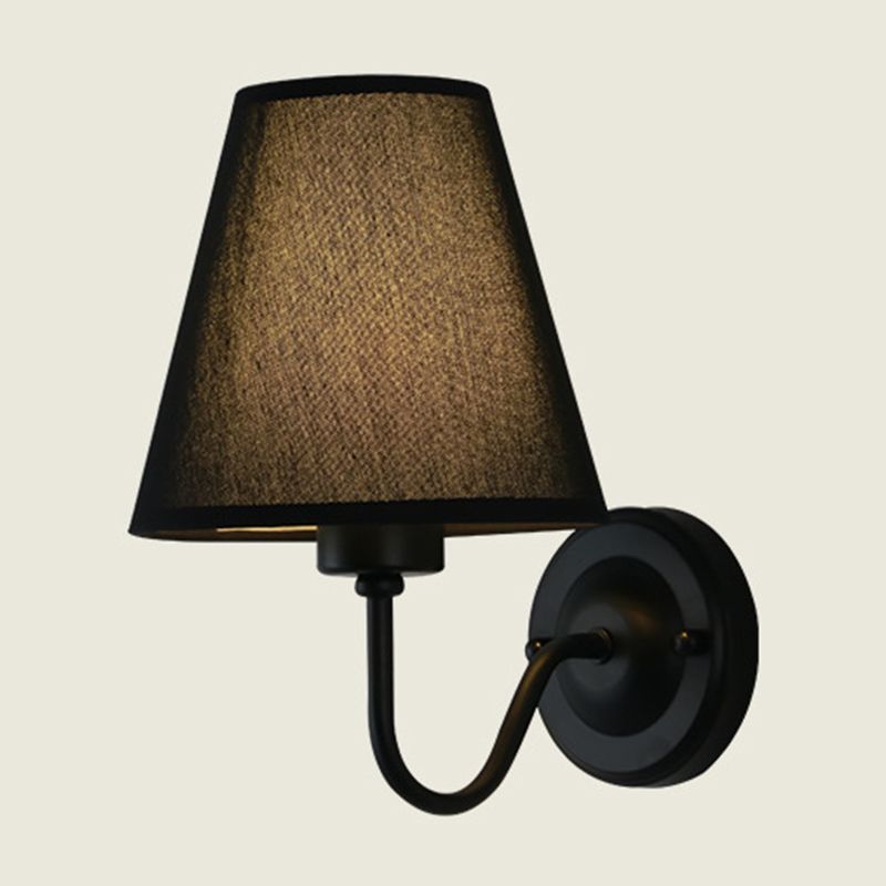 Black/Brown/Beige Cone Wall Lamp Nordic 1-Light Fabric Wall Lighting with Curved Arm in Black/White