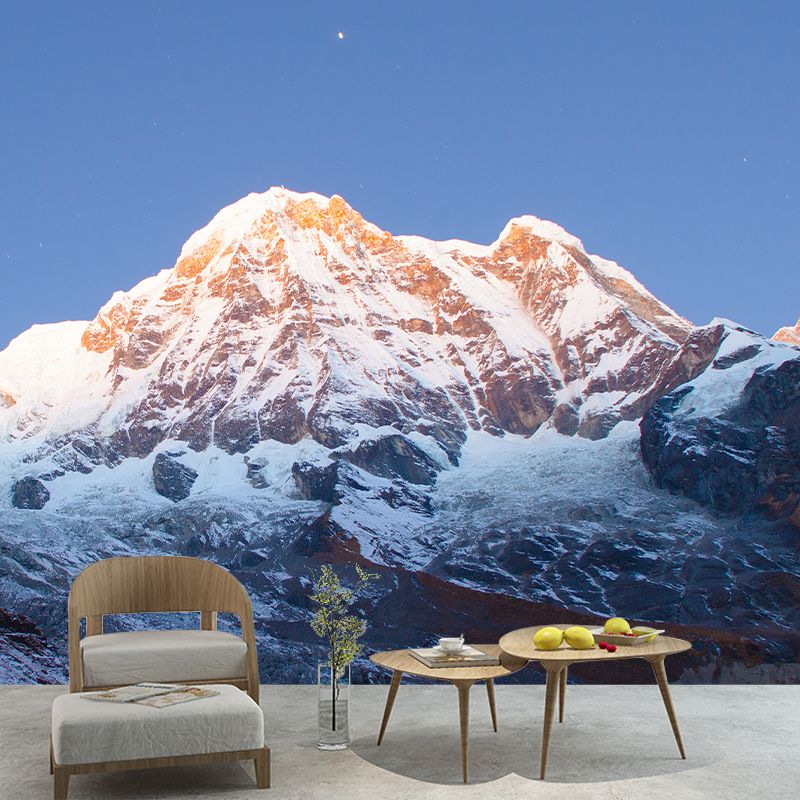 Snow Mountain Looking-Up Mural in Blue-Brown Modern Style Wall Covering for Accent Wall