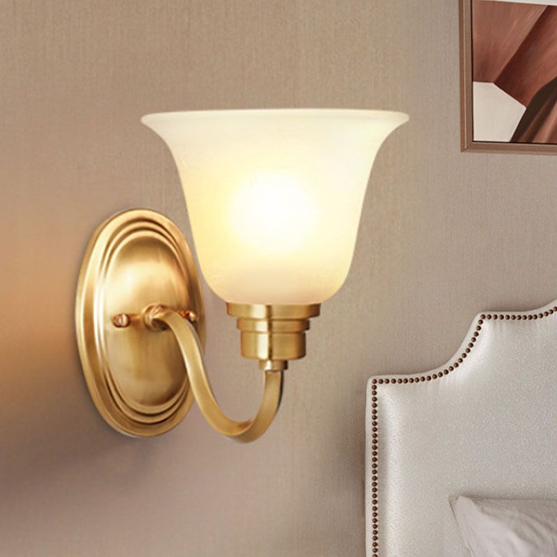Brass Bell Wall Light Fixture Retro White Glass Shade 1-Light Living Room Wall Lamp with Arched Arm