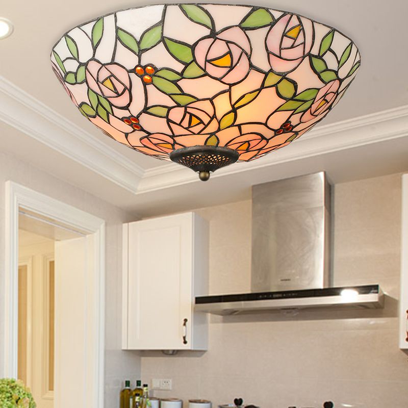 Pink and Green Bowl Flush Light with Rose Vintage Tiffany Stained Glass Flush Ceiling Light
