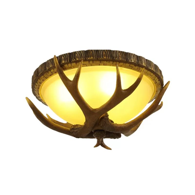 Brown Antler Ceiling Flush Light Lodge Resin 3 Bulbs Kitchen Flush Mounted Lamp with Dome Frosted Glass Shade