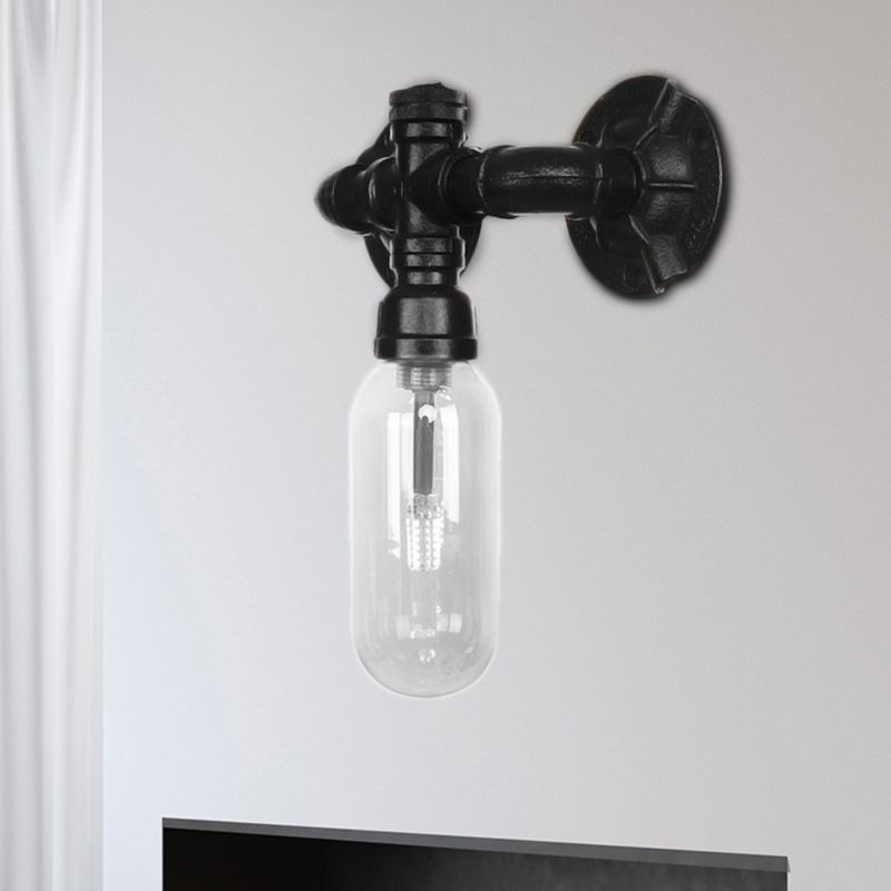 Black Capsule Shade Sconce Light Industrial Clear Glass 1 Light Corridor Wall Mount Lighting with Pipe Design