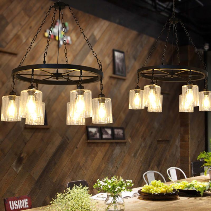 Schwarz 6/8 Lichter Anhänger Kronleuchter traditioneller klarer Glaszylinder hängend Licht mit Wagenraddesign