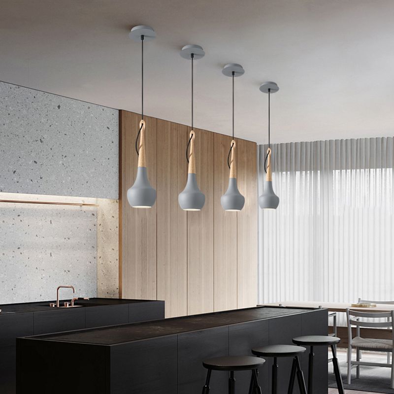 1 Light Bedside Pendant Light Contemporary Grey Down Lighting with Gourd Metal Shade