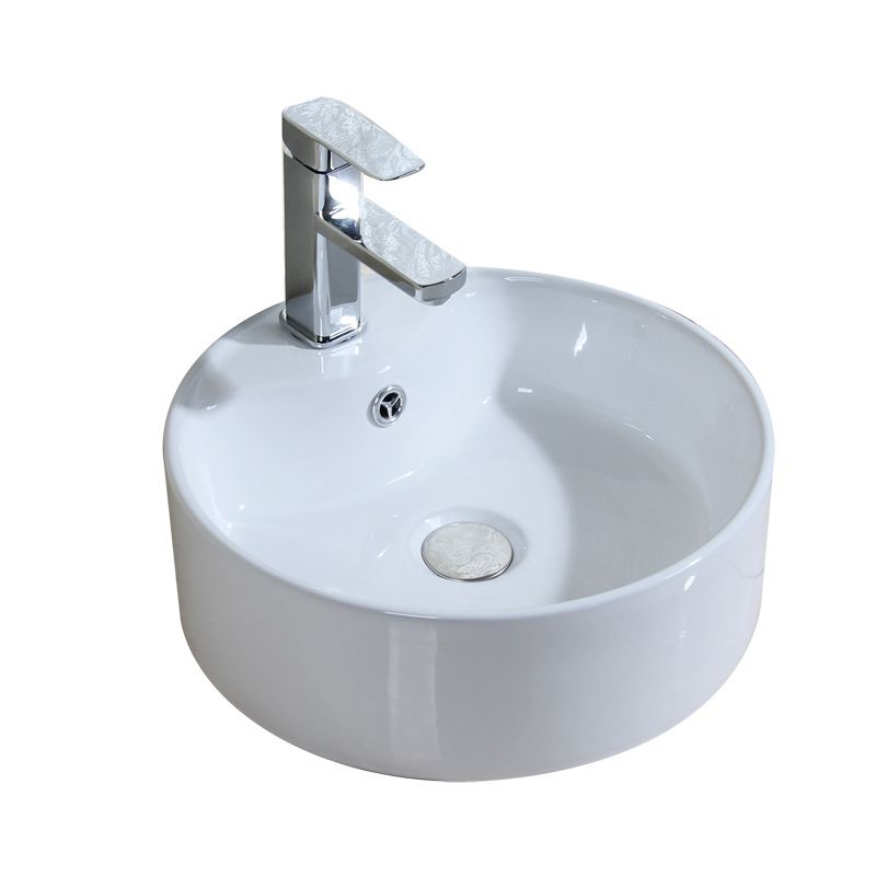 Modern Bathroom Sink Porcelain Round with Overflow and Pop-Up Drain Vessel Lavatory Sink
