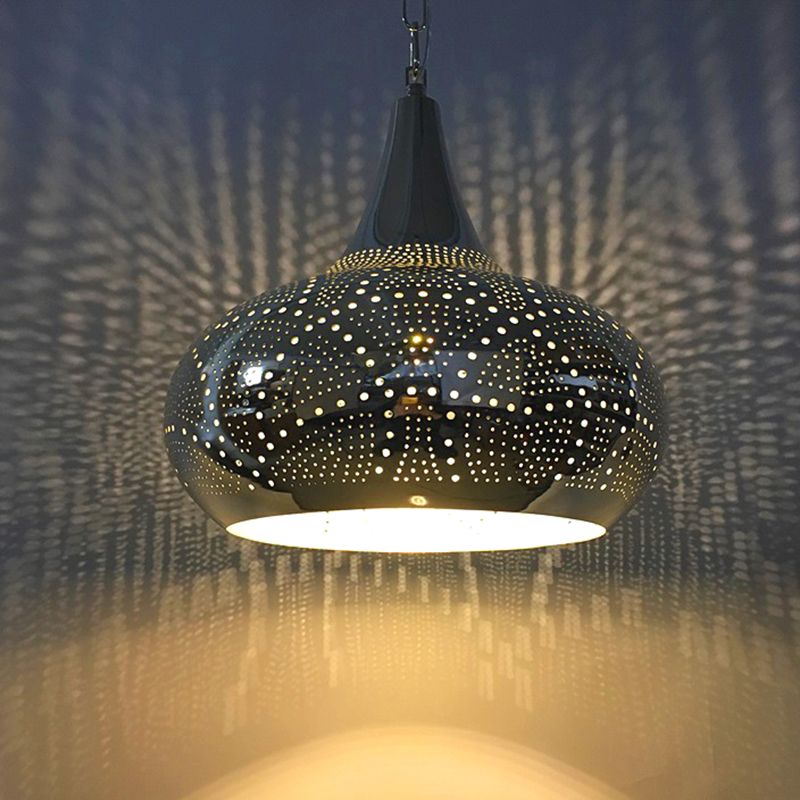 Urn Shape Metal Hanging Light Kit Arab 1-Head 9"/12" Wide Living Room Suspension Lamp in Black