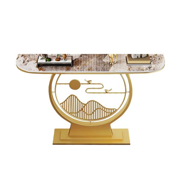 Glam Stone Console Sofa Table Half Moon Iron Accent Table for Hall