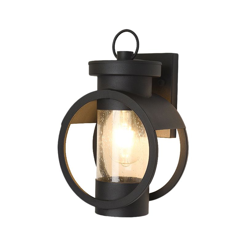 Cylindrical Courtyard Wall Sconce Traditional Seedy Glass 1-Bulb Black Wall Mount Lamp