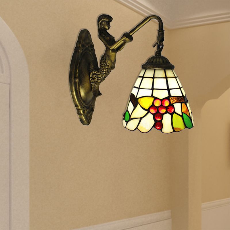1 Light Mermaid Wall Mounted Light with Fruit Pattern Stained Glass Mini Wall Sconce Lighting