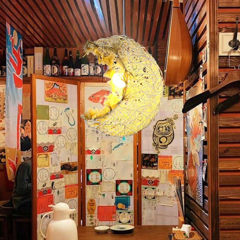 Mondform hängende Lampe moderner Rattan 1 Kopf Restaurant Hängsbeleuchtung