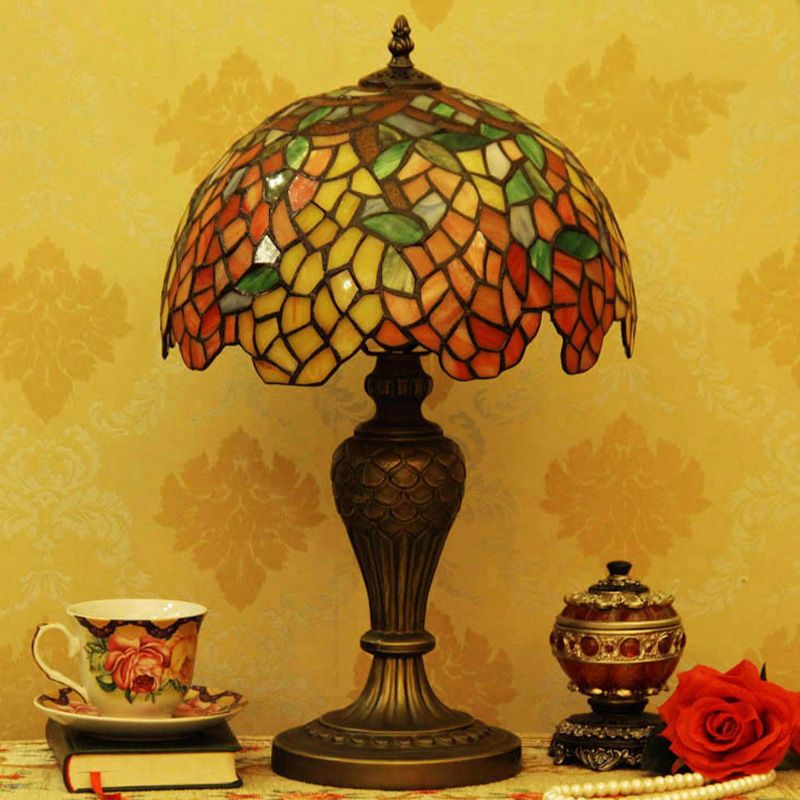 Bowl Shaped Night Lighting Baroque Stained Art Glass 1-Head Bronze Table Lamp for Bedroom