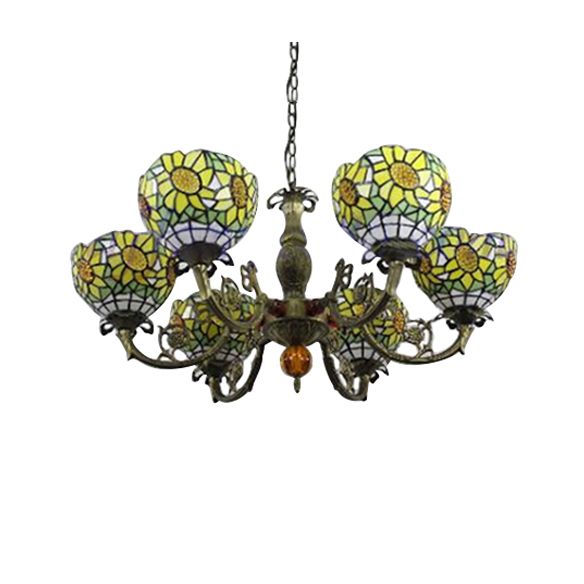 6 Lights Sunflower Hanging Light Tiffany Style Stained Glass Chandelier Lighting for Bedroom