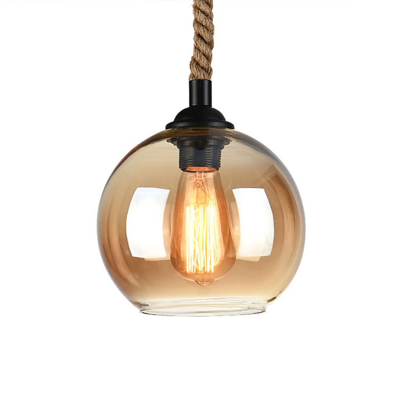 Amber/Clear Glass Ball Hanging Lighting Industrial 1 Head Restaurant Affermare lampada a sospensione con corda di corda