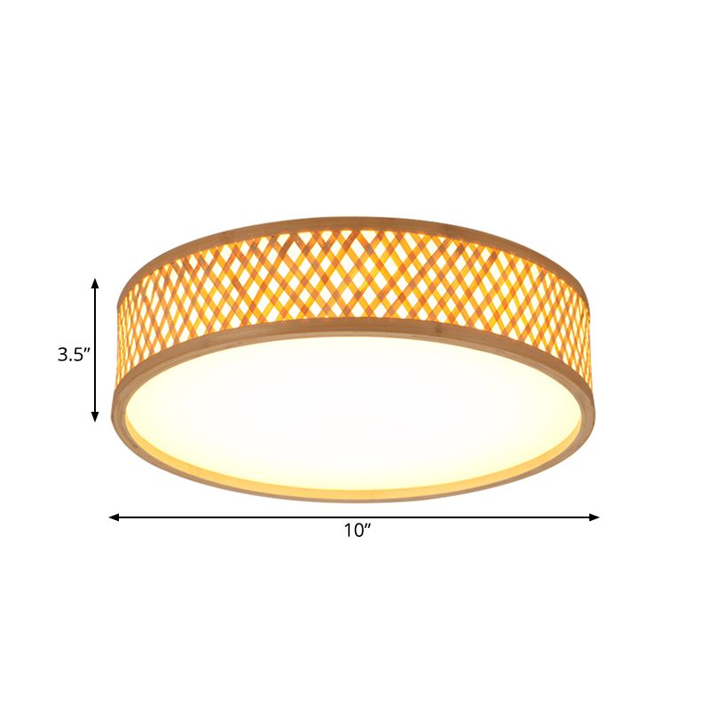 Asian Stylish Cross Woven Flushmount Light with Drum Shade Bamboo 10"/14" W LED Indoor Ceiling Lamp in Beige, Warm/White Light