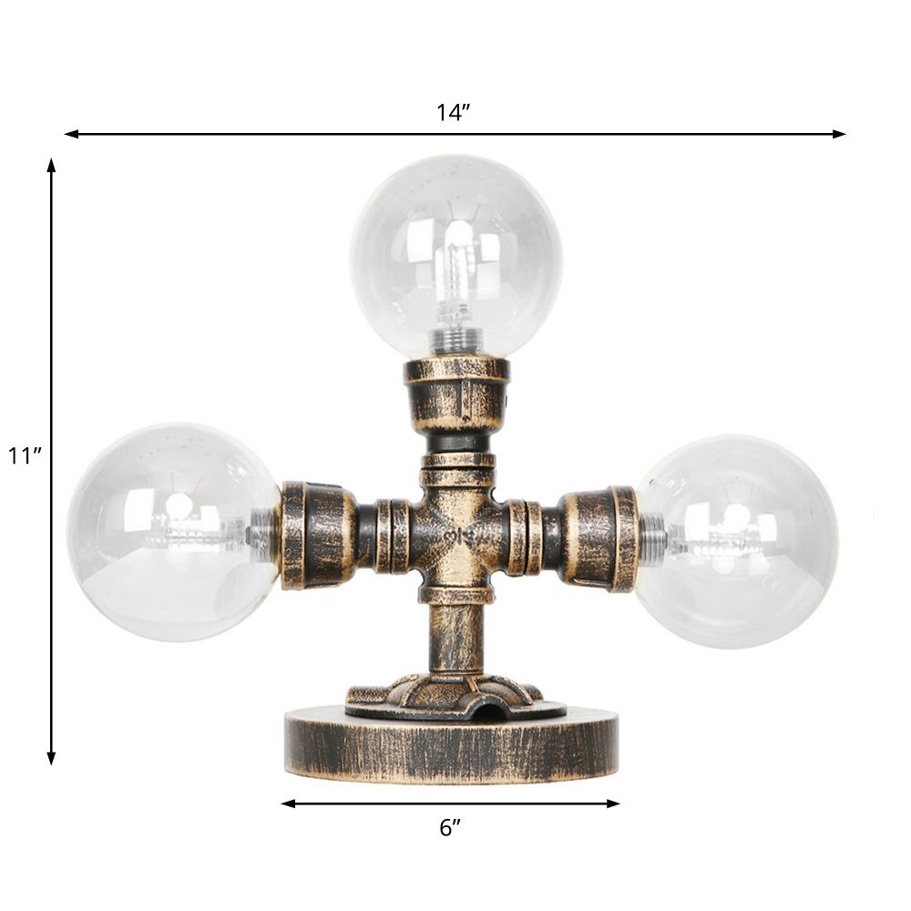 Lampada da scrivania industriale con paralume rotondo Illuminazione da lavoro in vetro trasparente/ambrato a 2/3 lampadine in argento antico/bronzo con base