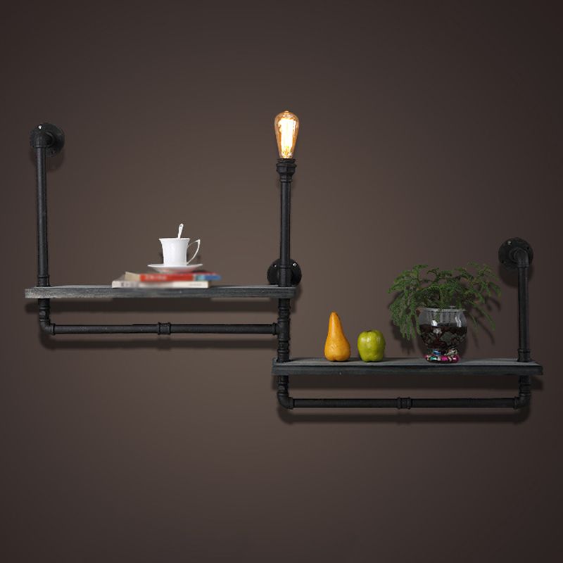 Water Pipe Shelf Iron Wall Lamp Rustic Style Restaurant Wall Light Fixture in Black