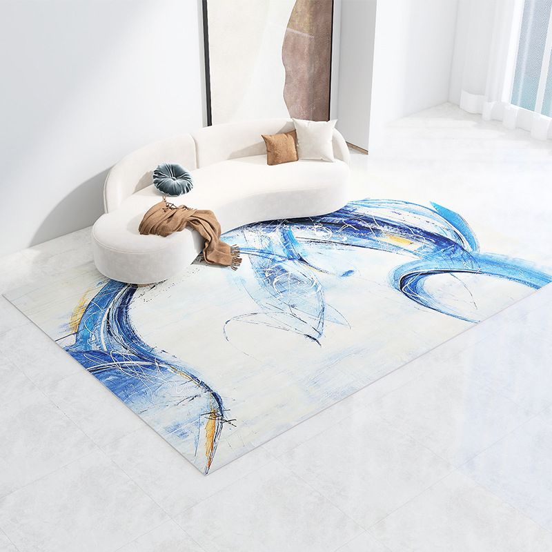 Blue Contemporary Rug Polyester Abstract Print Rug Washable Rug for Drawing Room