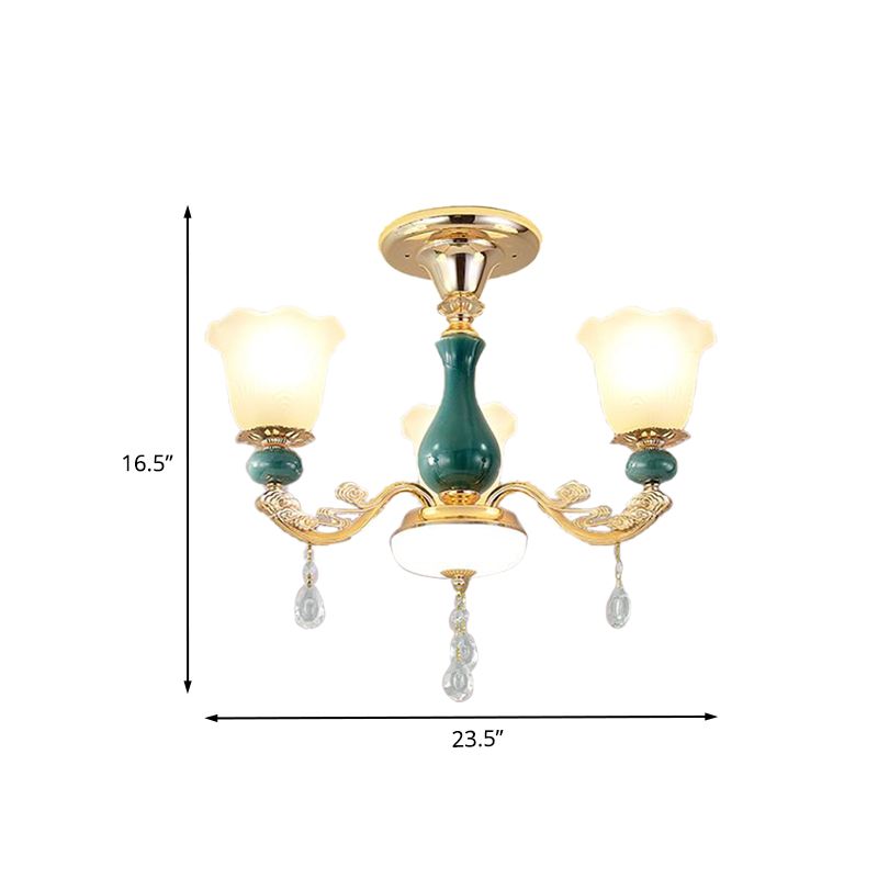 3/6 bulbes de suspension lampe à fleurs classiques en verre opal en verre pendant en verre avec un bras à baldarie en vert pour le salon