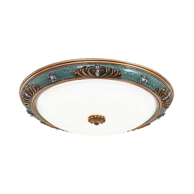 16"/19.5"/13.5" Wide LED Milky Glass Flush Light Fixture Traditional Green Crown Living Room Ceiling Lighting in Warm/White Light