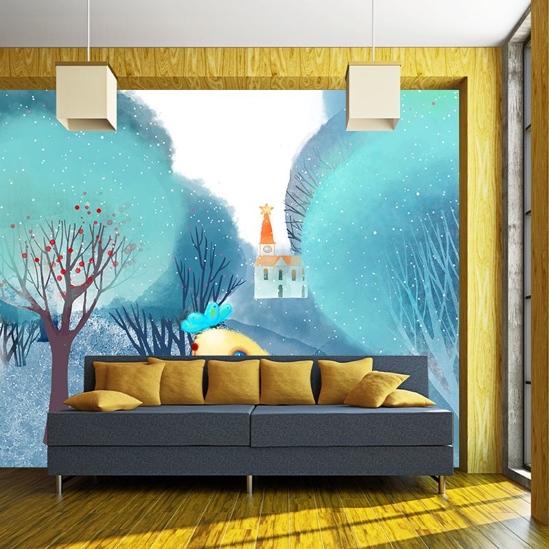 Cartoon Animal Wallpaper Mural Blue-White Rural Landscape Wall Covering for Nursery