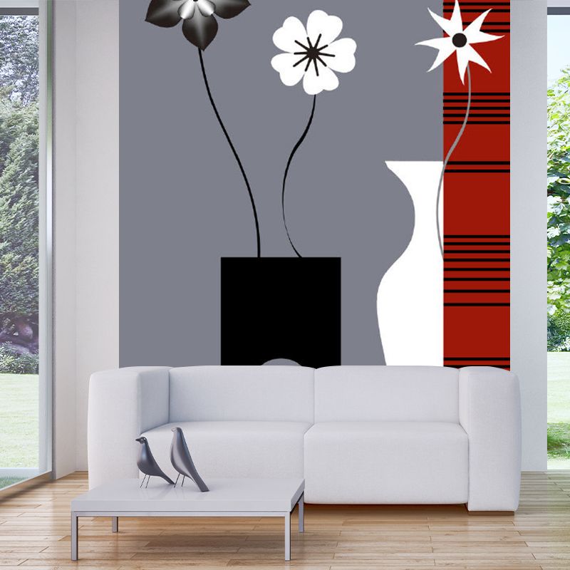 Red-Black Minimalist Wall Mural Decal Large Flower and Vase Pattern Wall Covering for Decor