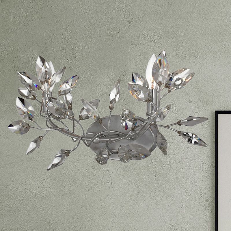 Leaf Sconce Light Modern Crystal 2 Lights Gold/Silver Wall Mount Light for Living Room