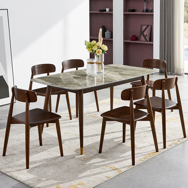 Solid Wood Contemporary Rectangular Dining Table Sintered Stone Top Table with Wood Legs