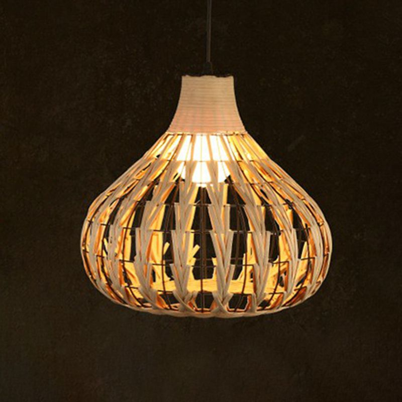 Rattan Cage Pendulum Light Country 1 Bulb Beige Hanging Ceiling Light for Restaurant