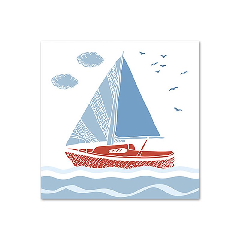 Cartoon Sailboat Wall Art Print Boys Bedroom Canvas in Blue, Multiple Sizes Available