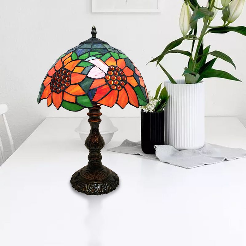 Rustic Tiffany Sunflower Desk Light 1 Head Stained Glass Cone/Dome/Bowl Table Light in Orange for Bedroom