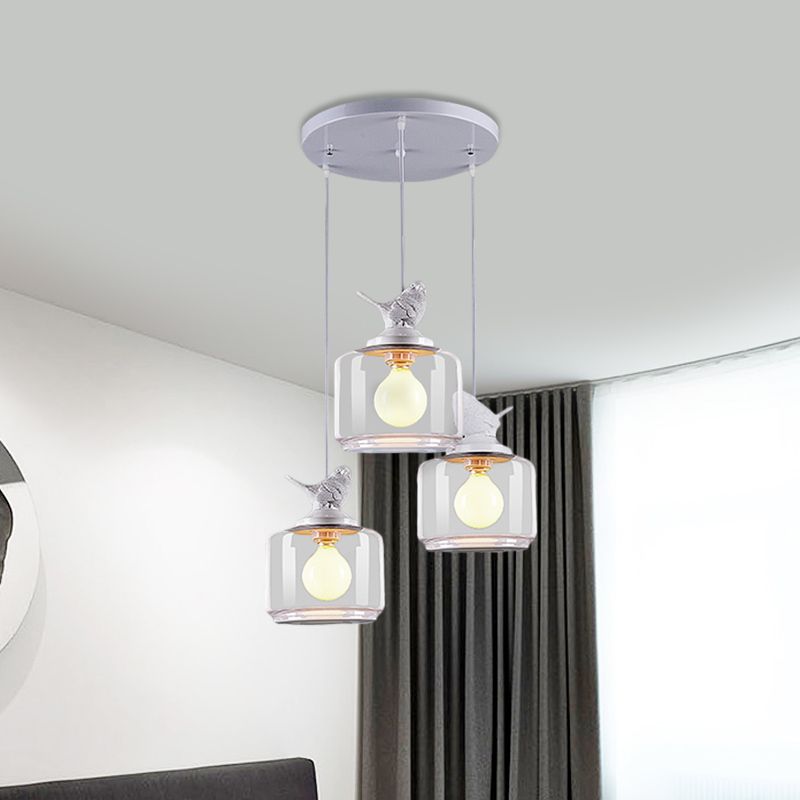 Drum Clear Glass Pendant Lighting Nordic 3 Bulbs White Multi Light Ceiling Light with Resin Bird Top