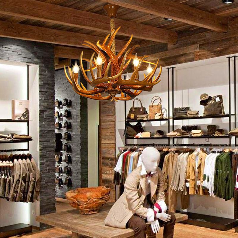 Resin Antler Chandelier Lamp Rustic Restaurant Bar Living Room Ceiling Hanging Light Fixture
