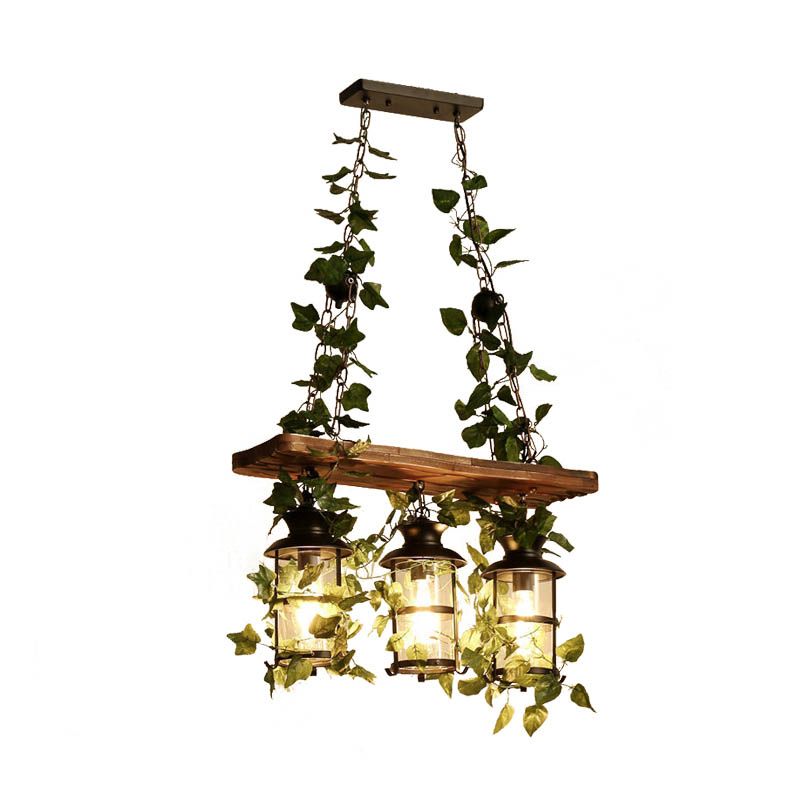 Lantern Restaurant Island Ceiling Light Retro Wooden 2/3 Heads Pink/Green LED Drop Lamp with Plant/Flower Decor