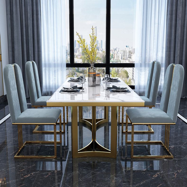 Luxury Sintered Stone Top Kitchen Table Rectangle Table with Gold Double Pedestal