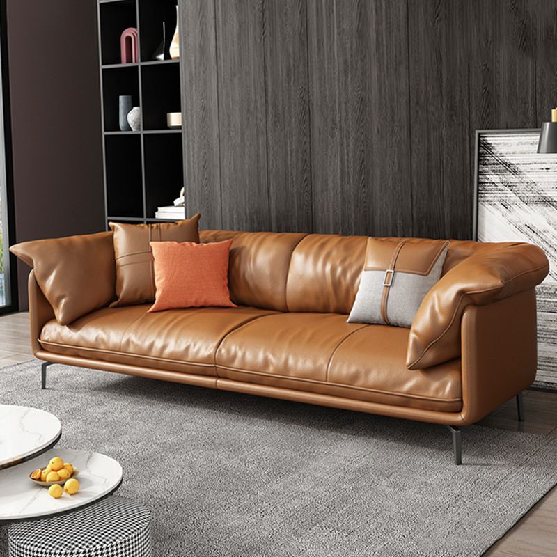 Pillow Top Arm Sofa Faux Leather Down Fill Cushions Sofa in Orange