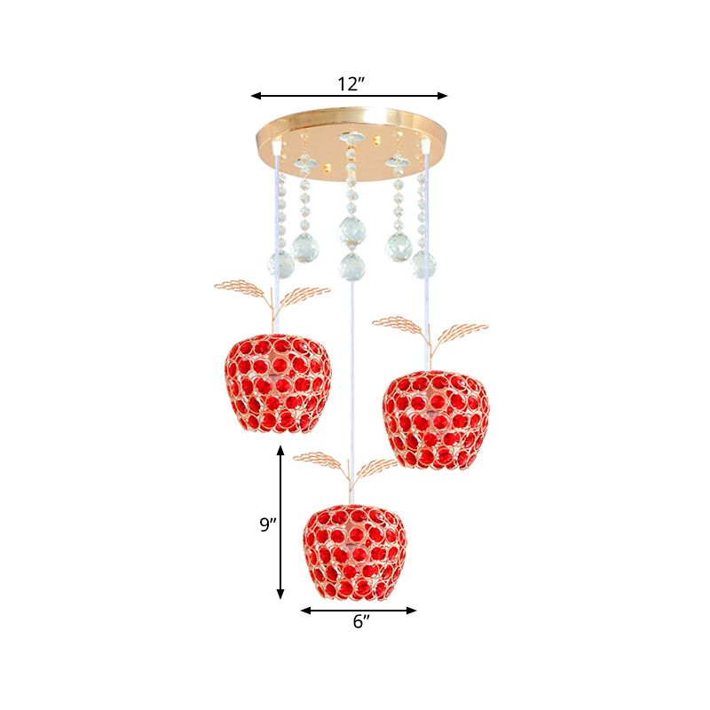 Lámpara de suspensión de oro de 3 luces de cristal rojo en forma de manzana en forma de manzana