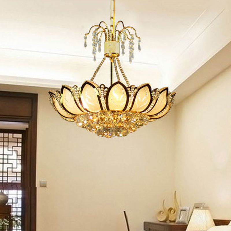 Contemporary Lotus Ceiling Light Crystal 6 Lights Dining Room Hanging Light in Gold