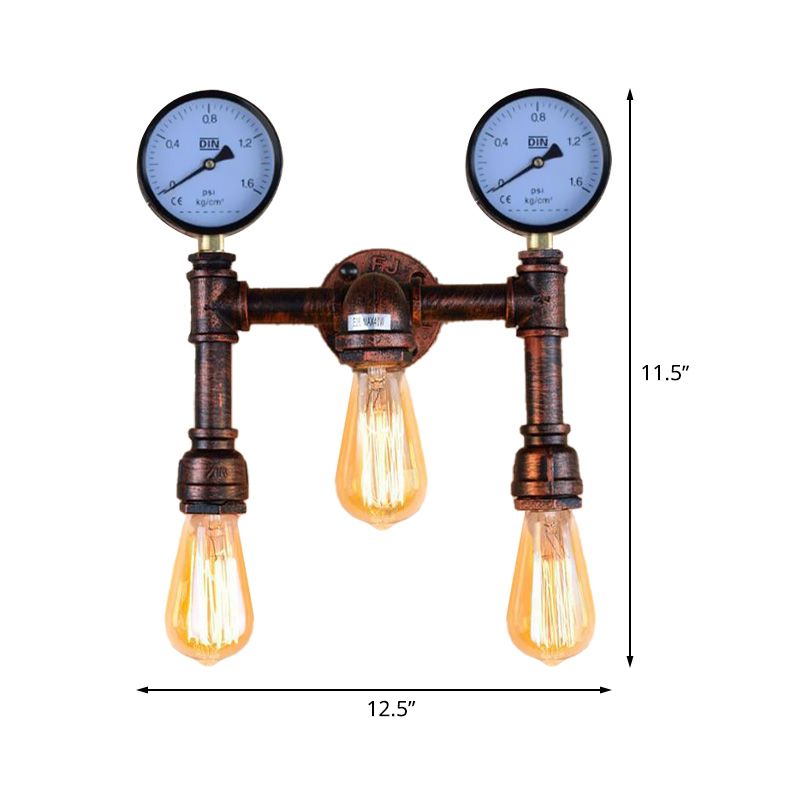 3 Bulbs Wall Light Fixture Vintage Water Pipe Metal Wall Sconce Lamp in Copper with 2-Gauge Deco