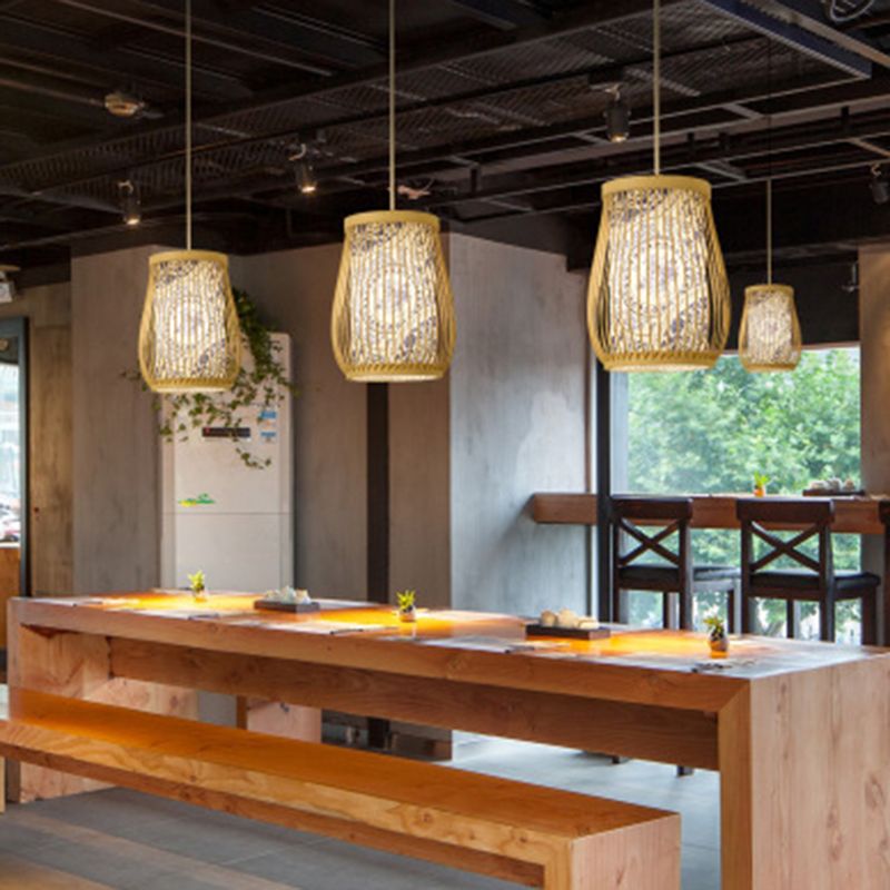 Chinoiserie gewebte Hängende Leuchten Bambus Single Tea Room Deckenleuchte mit Drucklampenkel