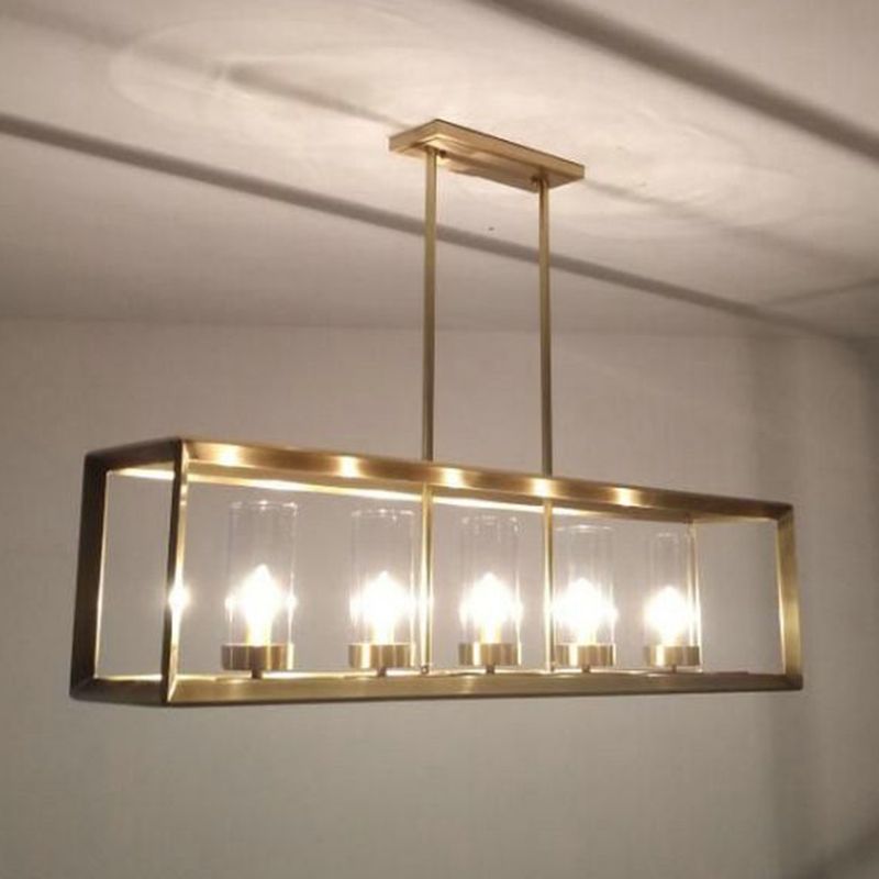 5 Lights Candlestick Shape Island Light with Clear Glass Shade Rectangular Wrought Iron Cage Industrial Style Hanging Pendant